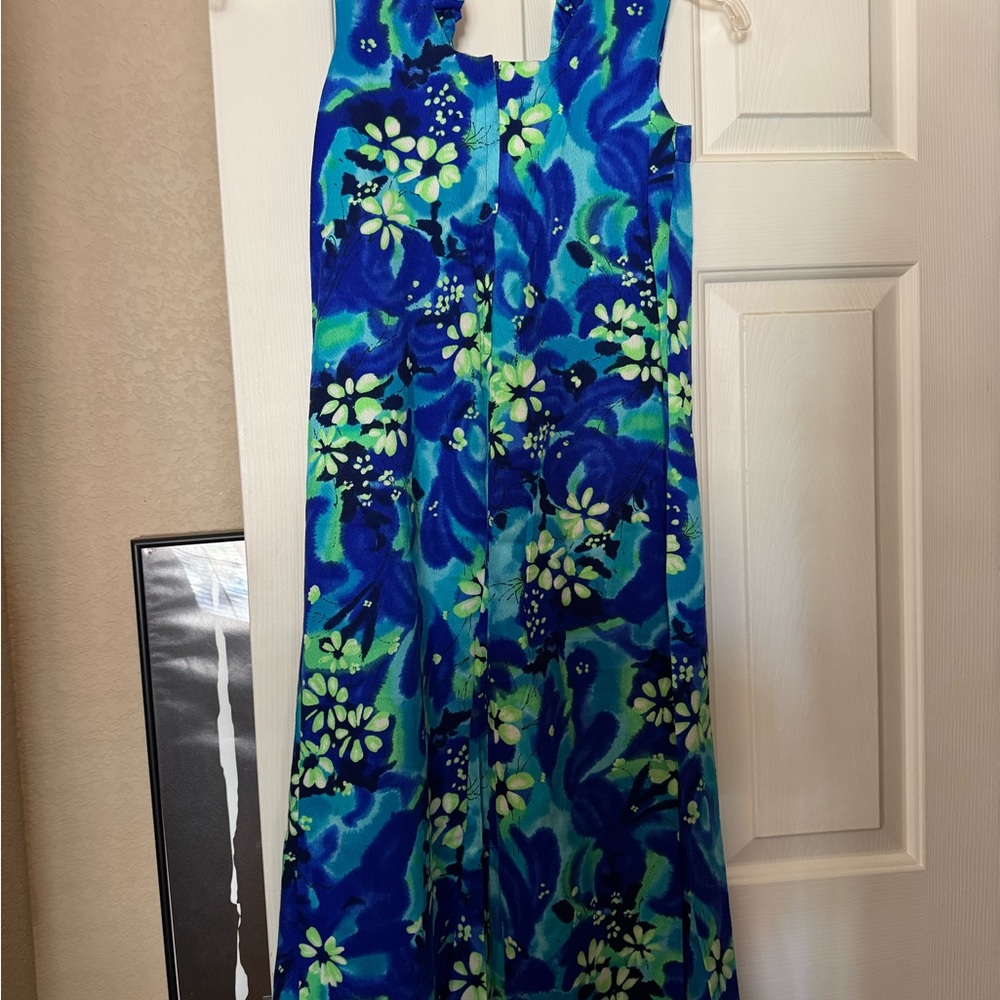 Vintage Tiki Dress Women’s 8 blue floral sleeveless From Hawaii